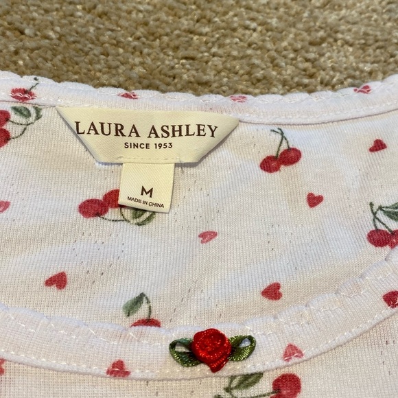 Laura Ashley Top White Red Cherry Heart AOP Cotton Modal M - Picture 1 of 8